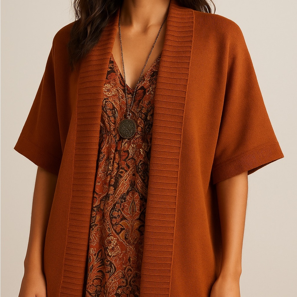 Jones New York Rust Orange Wide Ribbed Trim Open Front Duster Cardigan Women XL
